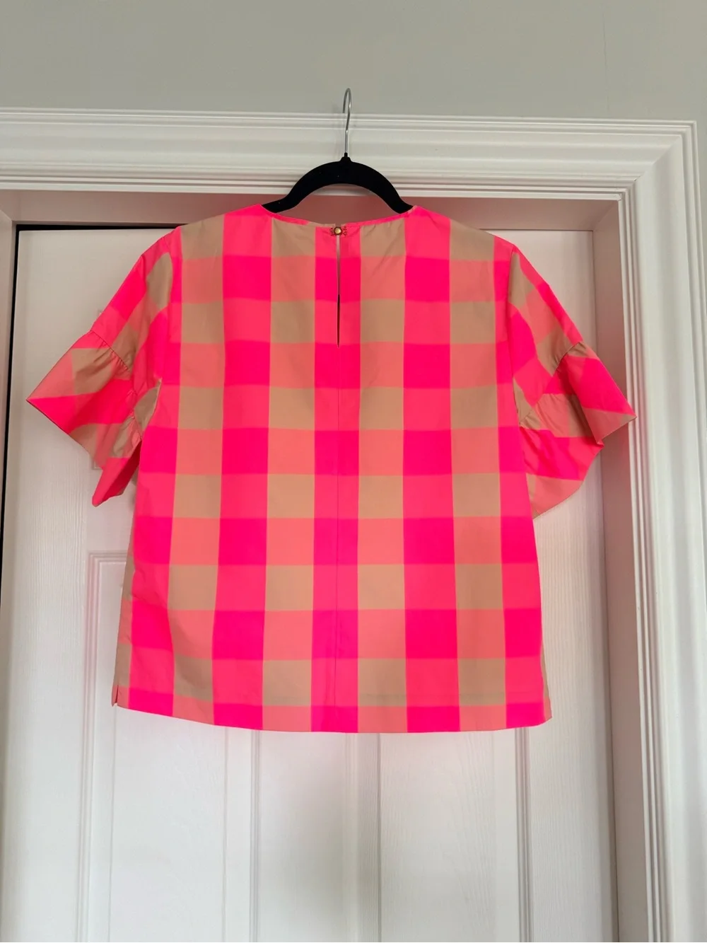 J. Crew Neon Pink & Tan Gingham Ruffle Sleeve Top - Picture 2 of 3